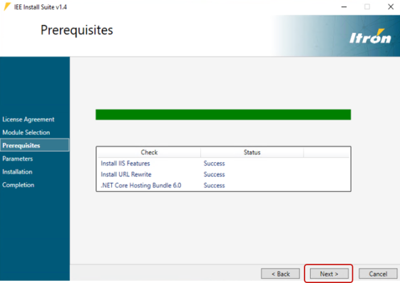 The location of the Next button on the Prerequisites screen.